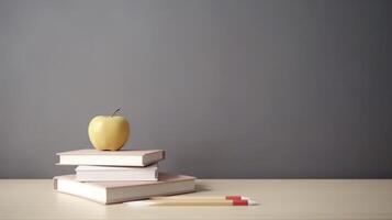 espalda a colegio antecedentes con libros y manzana. ilustración ai generativo foto