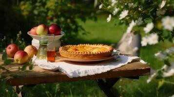 Apple pie in apple garden. Illustration photo