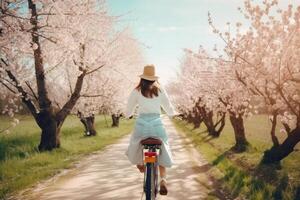 Girl rides bicycle in sakura park. Illustration photo