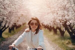 niña paseos bicicleta en sakura parque. ilustración ai generativo foto