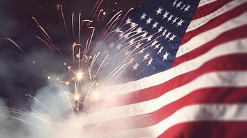 Estados Unidos fiesta antecedentes con bandera y fuegos artificiales. ilustración ai generativo foto
