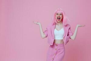 Beauty Fashion woman gesturing with hands pink jacket lifestyle glamor pink background unaltered photo