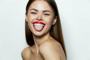 Lady spa treatments clear skin smile shows tongue fun photo