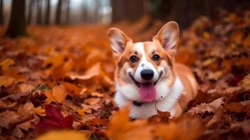 Corgi in autumn forest. Illustration photo