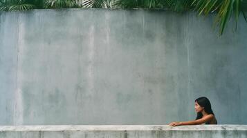 Woman leaning on a gray concrete wall. Illustration photo