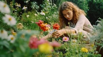 mujer plantando flores en jardín. ilustración ai generativo foto