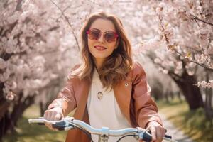 Girl rides bicycle in sakura park. Illustration photo