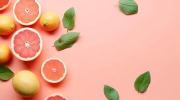 Fresh grapefruits and mints overhead view - flat lay Illustration photo