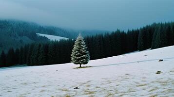 Christmas tree in mountain background. Illustration photo