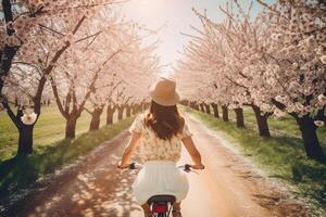 Girl rides bicycle in sakura park. Illustration photo