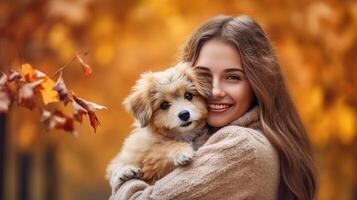 otoño niña con perro. ilustración ai generativo foto