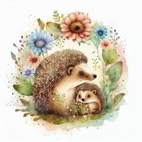 Cute little hedgehog with mom. Watercolor painting. Illustration photo