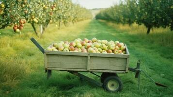 A handcart full af apples in garden. Illustration photo