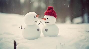 Cute snowman couple. Illustration photo