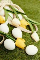 tulip bouquet easter eggs holiday lawn background decoration photo