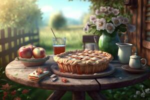 Apple pie in apple garden. Illustration photo