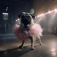 Pug Dod in a light pink ballet skirt is dancing like a ballerina, Illustration photo