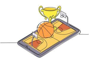 Continuous one line drawing basketball ball and trophy cup over virtual basketball court smartphone screen. Online basketball games. Smartphone application. Single line draw design vector illustration