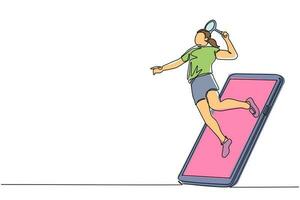 Single continuous line drawing young woman badminton player jump hit shuttlecock getting out of smartphone screen. Online badminton game with live mobile app. One line draw design vector illustration