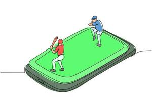 Continuous one line drawing baseball field with two players on smartphone screen. Online baseball games. Smartphone applications. Mobile baseball. Single line draw design vector graphic illustration