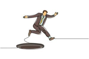 Single continuous line drawing businessman jumping through the hole, metaphor to facing big problem. Business struggles. Strength for success. Dynamic one line draw graphic design vector illustration