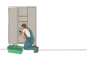 Continuous one line drawing repair, maker or constructions of wood home furniture. Man carpenter is assembling of wardrobe or cabinet with shelves. Single line draw design vector graphic illustration