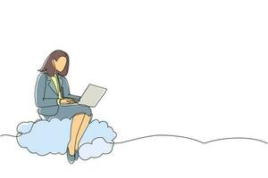 Single continuous line drawing businesswoman sitting on cloud in sky and working with laptop. Wireless connection. Social networking, chatting using cloud storage. One line draw graphic design vector