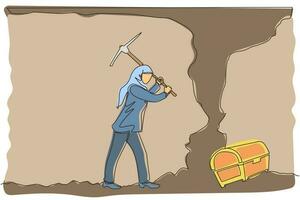 Continuous one line drawing Arabian businesswoman digging with pickaxe looking for hidden treasures. Woman digging and mining for treasure chest in underground tunnel. Single line draw design vector