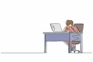 Single one line drawing pensive businessman working at laptop. Frustrated male in doubt with hand on chin gesture. Work at home office. Remote job, workplace. Continuous line design graphic vector