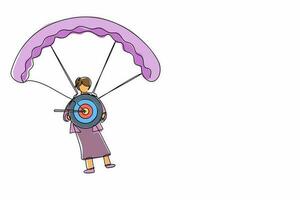 Single continuous line drawing cute businesswoman holding target with arrow in bullseye and jumping with parachute. Goal setting. Professional manager. One line draw graphic design vector illustration