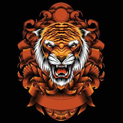 Tiger head vector illustration with ornament background