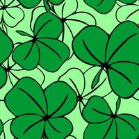 seamless asymmetric pattern of clover leaves in green tones and black contouros, design, texture photo