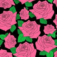 seamless pattern of large pink rose flowers with leaves on a black background, texture, design photo