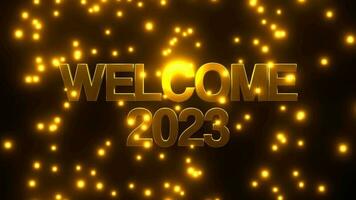 WELCOME 2023 with golden falling particle on black background. 4K UHD. 3d rendering. video