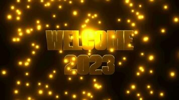 WELCOME 2023 with golden falling particle on black background. 4K UHD. 3d rendering. video