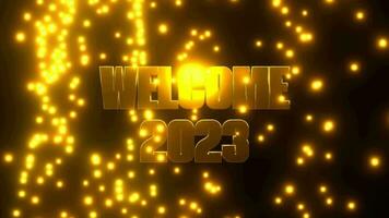 WELCOME 2023 with golden falling particle on black background. 4K UHD. 3d rendering. video
