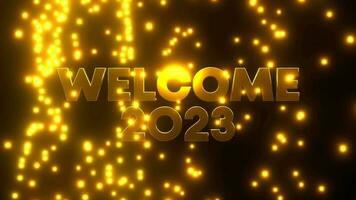 WELCOME 2023 with golden falling particle on black background. 4K UHD. 3d rendering. video