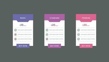 Rectangle pricing table template with three table. Pricing table infographic vector
