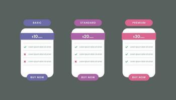 Collection of pricing table template design with three table. Pricing table infographic vector