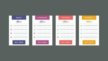 Rectangle pricing table template with four table. Pricing table infographic vector