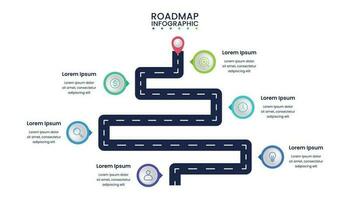 negocio mapa vial infografía diseño modelo con iconos, seis pasos o opciones vector