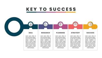 llave a éxito infografía modelo. creativo concepto con cinco pasos, opciones y iconos vector