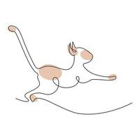 Abstract image of a jumping cat drawn in one continuous line with colorful spots in trendy hue. EPS vector