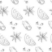 Endless freehand drawing pattern of citrus slice, clove, cinnamon and star anise with seeds. Vector. vector