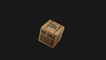 Animation of cardboard box with sale inscription and barcode. High quality 4k 3d render video