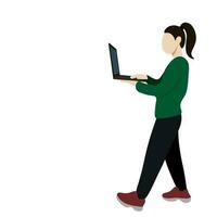 The girl is walking with a laptop in his hands, isolate on white, flat vector, work on the go, frantic pace of life vector