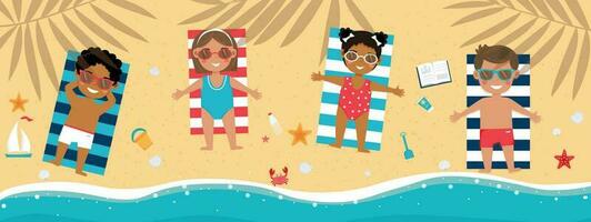 Multicultural children are lying on the beach. Boys  and girl are sunbuthing. Cute little childrens on vacation. Multiethnic kids are sunbathing on towels on the beach. Summer time, holiday. vector