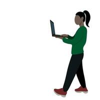 el negro niña es caminando con un ordenador portátil en su manos, aislar en blanco, plano vector, trabajo en el ir, frenético paso de vida vector