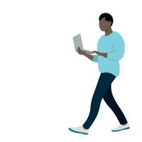 The black guy is walking with a laptop in his hands, isolate on white, flat vector, work on the go, frantic pace of life vector