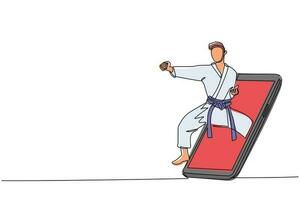Single one line drawing karateka man train with punch pose for duel fighting getting out of smartphone screen. Online karate game mobile app. Continuous line draw design graphic vector illustration
